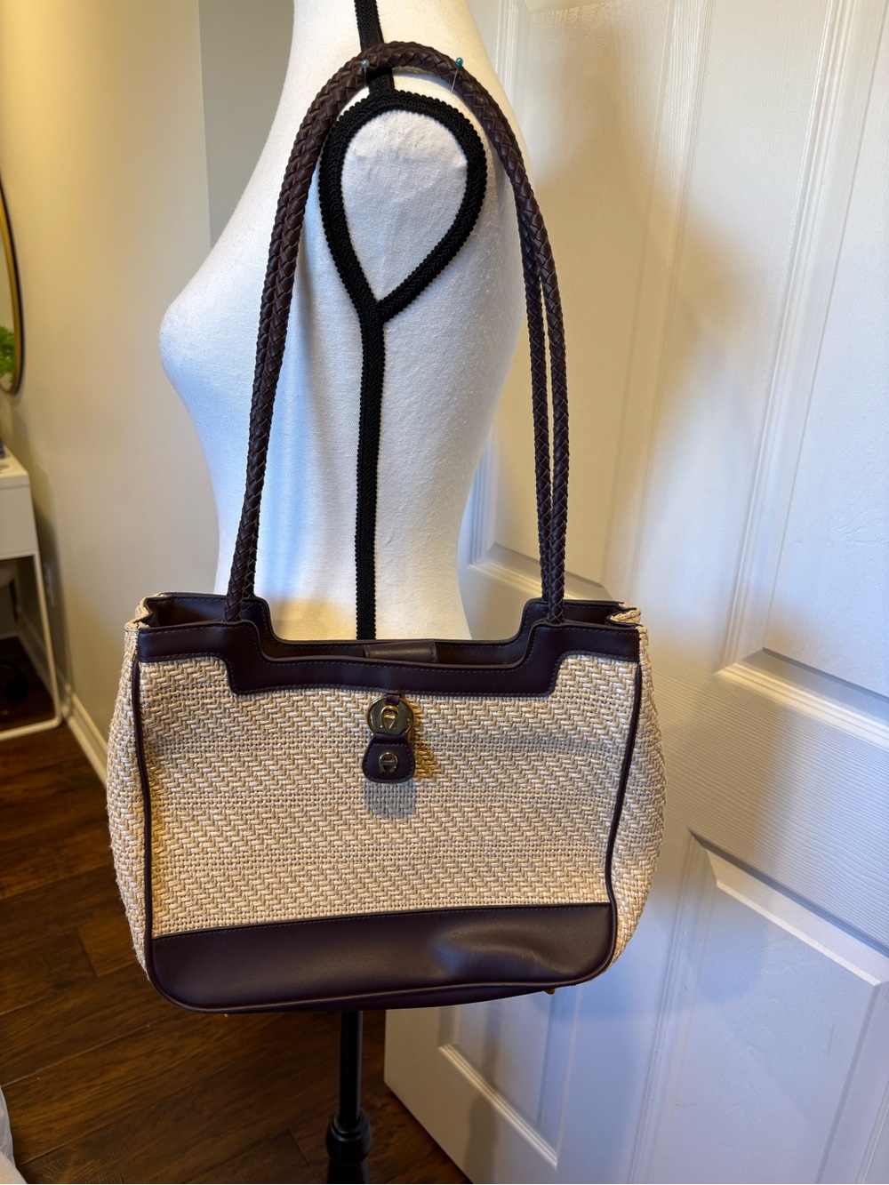 Etienne Aigner Straw Tote Bag Brown Faux Leather Trim Woven Shoulder Purse